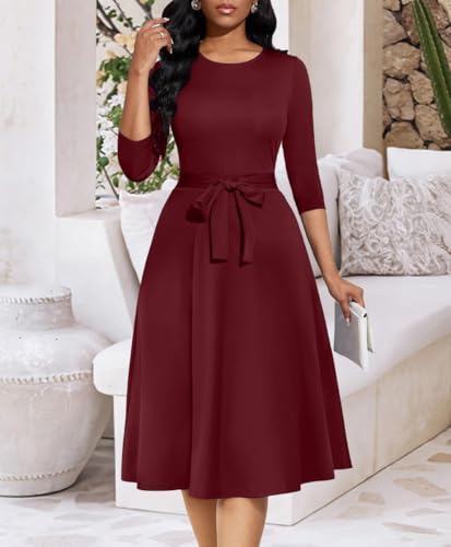Image of Casual Dresses for Women Midi Church A-Line Fit and Flare Dress Crewneck 3 /4 Sleeve Party Dress