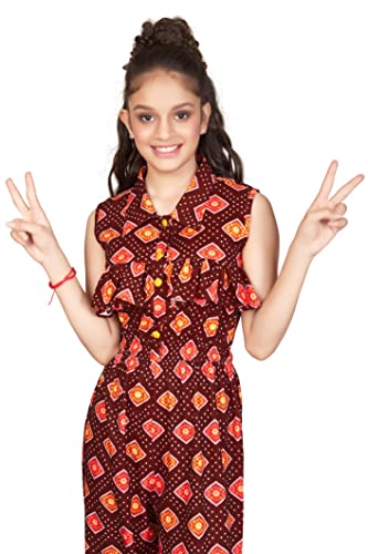 Image of Jwalin Girls Front Button Ruffle Pattern Maxi Jumpsuit(Brown 13-14 Years)