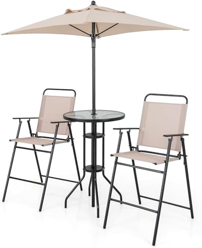 TANGZON Folding Bistro Set, Outdoor Garden Bar Table and Chairs Set with Tempered Glass Tabletop & Umbrella Hole, 3/4 Pieces Garden Furniture Set for Porch Deck Balcony (4PCS, With Parasol)