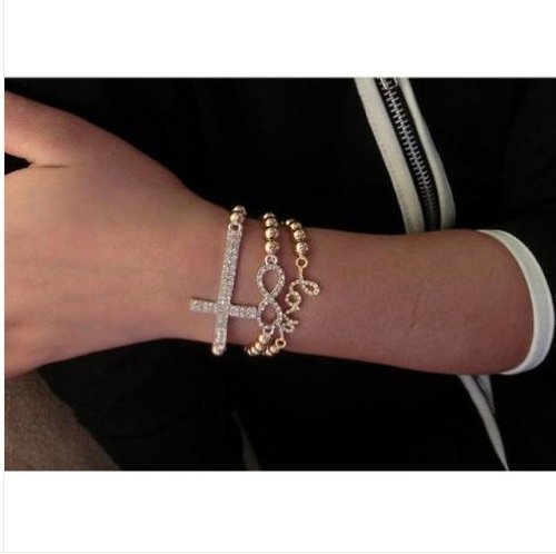 3pcs U Pick Hot Fashion Cross Love Infinity Beaded Crystal Rhinestone Gold Silver Bracelets (3pcs Love Infinity Cross Silver Bracelet)