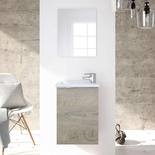 ARKITMOBEL Mueble de Baño con Espejo y Lavabo, Modulo Suspendido, Color Roble Alaska, 40x58x22 (AnchoxAltoxFondo-en cm), Modelo Compact - imagen 4