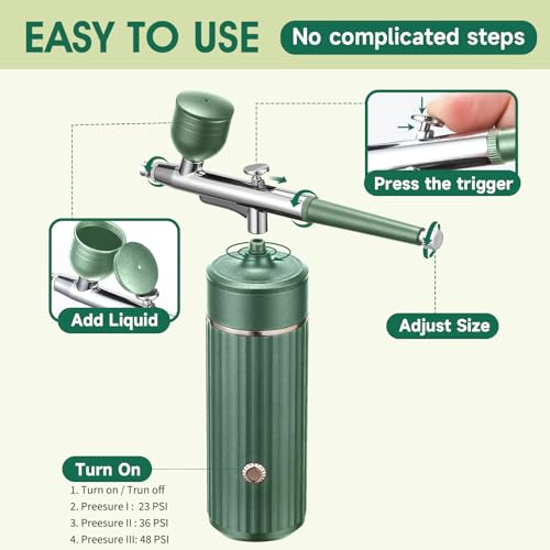 Cordless Airbrush Kit Rechargeable Airbrush Compressor 23-48PCI for Art Painting,Cake Airbrush Decorating, Air Brush Painting, Nail Airbrush Machine Crafts, Model Painting (Green) - Thumbnail 5