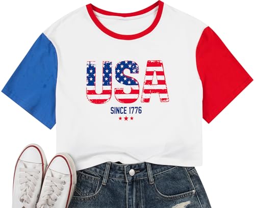 Image of MYHALF Women USA Flag 250th Patriotic 4th July Memorial Day Crop Shirt