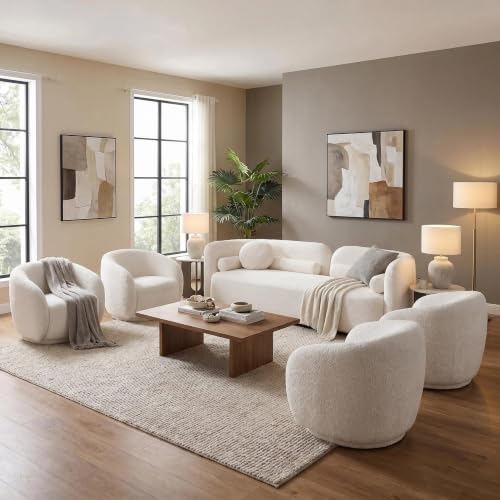 Image of 5 Piece Curved Couch Set for Living Room, Boucle Sofa Set with 1 Modern 3-Seater Sofa & 4 Swivel Chairs, Deep Seat Conversation Seating Furniture for Open Concept Spaces,Home Office (White)