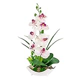 Orquídea artificial: pétalos de seda, la maceta para orquídeas está hecha de cerámica blanca de alta calidad, con un césped artificial verde realista, y toda la flor en maceta se ve pequeña, vívida y llena de vegetación.