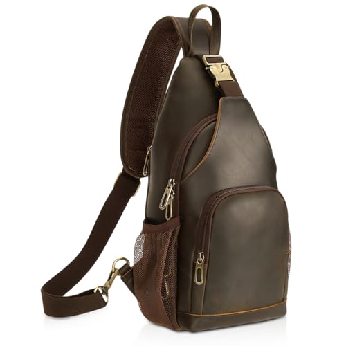 Polare Full Grain Cowhide Anti Theft Chest Shoulder Bag Vintage Sling Crossbody Casual Daypack for Daily Travel Hiking Outdoor Sports