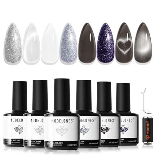 Image of modelones Gel Nail Polish Set with French Tip and heart cat eye magnet, 6 Colors Jelly Sheer Black White Cat Eye Silver Blue Purple Glitter Gel Polish Kit Soak Off UV Salon DIY at Home Gift for Women