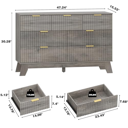 Image of HUANLEGO 48 inch W Fluted Dresser for Bedroom with 7 Drawers, Grey | Mid Century Modern Dressers & Chest of Drawers, Boho Dresser for Closet, 7 Drawer Storage TV Stand for Bedroom