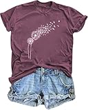 Dandelion Graphic T Shirt Women Wildflower Make a Wish Vintage Tees Top Funny Summer Short Sleeve Shirts (X-Large, Red)