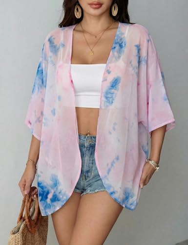 Image of Chunoy Women Floral Beach Wear Cover Up Chiffon Kimono Cardigan Open Front Blouse Top