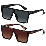 XOPOZON 2PCS Square Oversized Sunglasses for Women Men Fashion Flat Top Big Frame Shades Polarised Womens Sunglasses Vintage (Leopard Frame + Full Black)