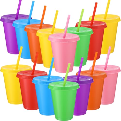 Sieral 15 Pack Reusable Plastic Cups with Lids Straws,Classic Colors