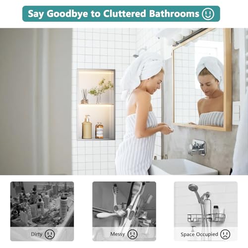KINKIB Bathroom Recessed Shower Niche with LED - Stainless Steel Wall Niche with Double Shelves, 12"x24"x4", Brushed, Horizontal or Vertical by KINKIB - Image 4