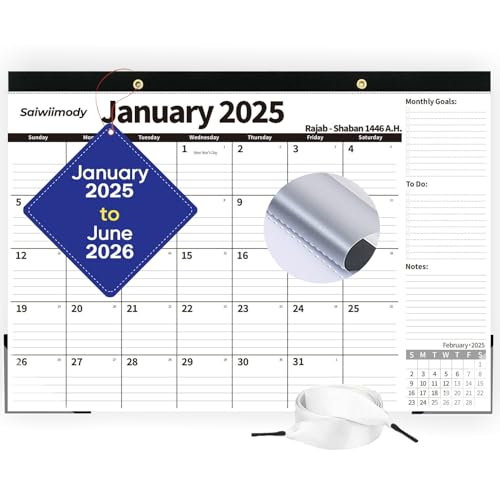 Saiwiimody Calendario de pared grande 2025 2026 (18 meses), formato horizontal, calendario con vacaciones, enero de 2025 a julio de 2026, planificador familiar para colgar, con calendario anual,