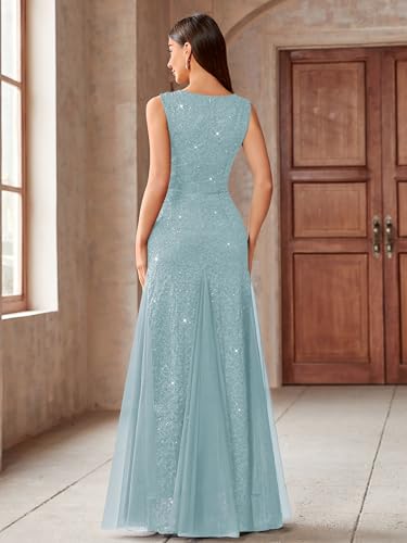 Image of Miusol Women's Elegant V Neck Sleeveless Sequin Lace Evening Party Dress