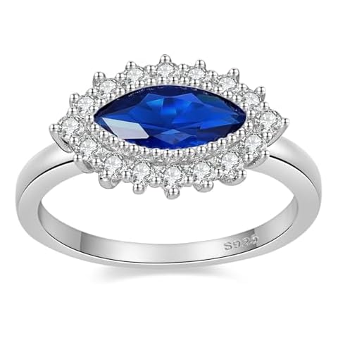 BONLAVIEGEM Created Marquise Sapphire Ring for Women 925 Sterling Silver Sapphire Ring Marquise Halo Engagement Rings for Women Prong Setting Cubic Zirconia Size 7 Cover