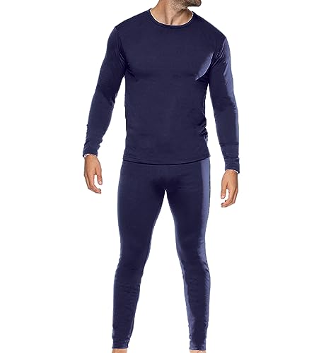 LUMBR JACK Mens 2 Piece Fleece Lined Thermal Underwear Set, Insulated Long Johns Pant and Base Layer Top, Navy, L
