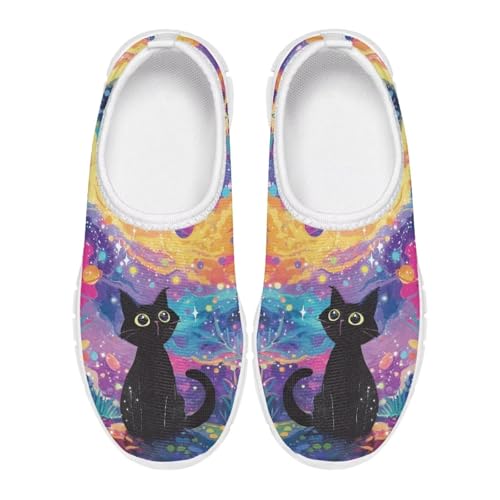 Pointodoor Kids Art Paint Shoes for Boys Girls Slip on Fashion Causal Sneakers Black Cat Rainbow Sky Print Walking Running Tennis Shoes Zapatos para Niñas