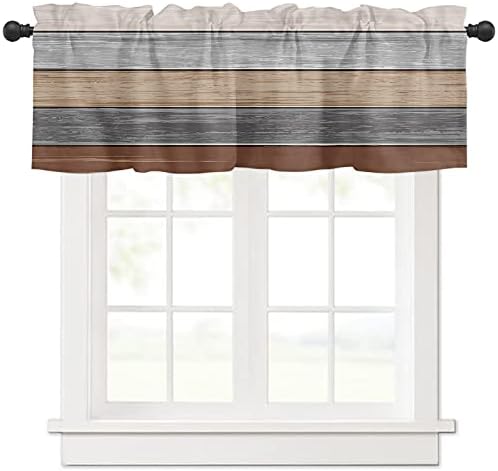 IDOWMAT Valance Curtains Vintage Farm Wood Grain Brown Gradient Window Valance for Living Room Bathroom Bedroom, Light Filtering Short Kitchen Valance Rod Pocket Window Decor Curtain 54"x18"