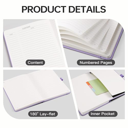 Image of EMSHOI Lined Journal Notebook, 192 Numbered Pages, A5 Size (5.7'' x 8.3'') | Leather Hardcover, 100 GSM Thick Paper, for Women & Men, Journaling, Writing, Work & Office, Sun Debossed (Light Purple)