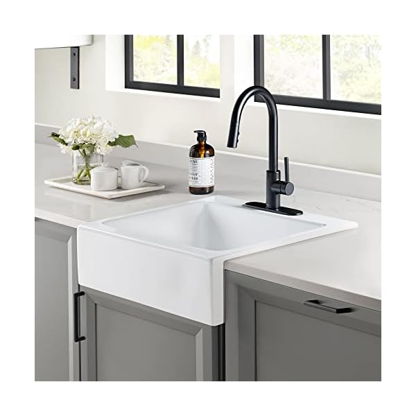 Parker Fireclay Quick-Fit Drop-In Farmhouse Kitchen Sink and Care Kit, 26" Crisp White Single Bowl with 3 Holes