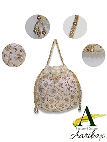 Aaribax Elegant Indian Potli Bag For The Stylish Woman,Large 10X10 Clutch With Handle,Gold #TOP3