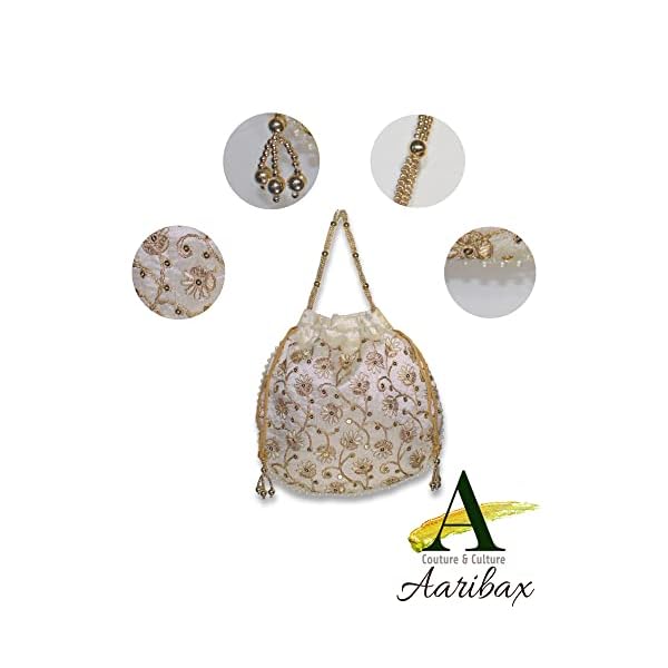 Embroidered Indian Ethnic Potli Bag for Women. Traditional, Handmade, Perfect for Weddings and Other Special Occasions, Gold, Large - Image 6