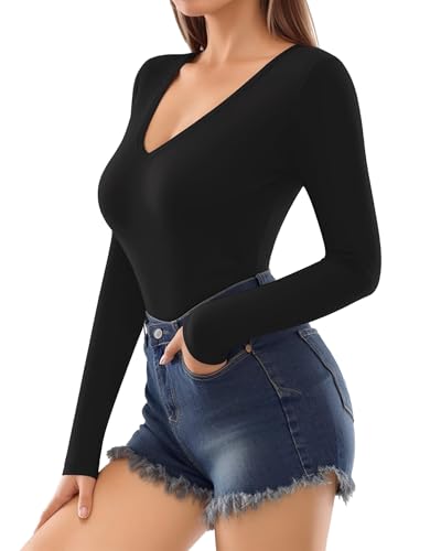 MANGOPOP Deep V Neck Long Sleeve Shirts for Women Sexy Slim Fitted T Shirt Tops2