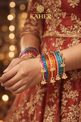 Image of Kaher Kashmiri Glass Bangle with gunghro Set for Women| Traditional, Fancy Glass Chudi Set for Festival, Wedding, and Party (Set Of 16)