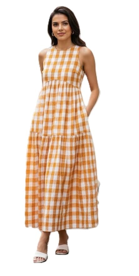 Women's Check Dress, Orange and White Cotton, Sleeveless Casual Wear with Pockets-image-28