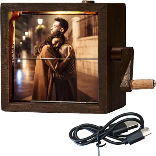 Custom Photo Flip Box Rotating Picture Box Hand-Crank Flipbook Box Couple Memory Photo Flipbook Frame That Can Play Songs - Light Up Photo Album For Women Mom Christmas Gifts (Black Walnut, 8CM/3.2