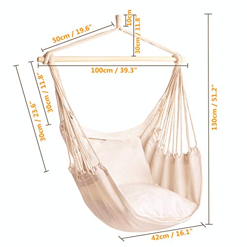 CCTRO Hanging Rope Hammock Chair Swing Seat, Large Brazilian Hammock Net Chair Porch Chair for Yard, Bedroom, Patio, Porch, Indoor, Outdoor - 2 Seat Cushions Included
