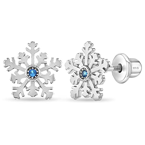 925 Sterling Silver Blue Cubic Zirconia Winter Snowflake Screw Back Earrings, Lovely for Young Girls & Pre Teens - Fun Earring Set for Little Girls - Stylish Winter Season Studs