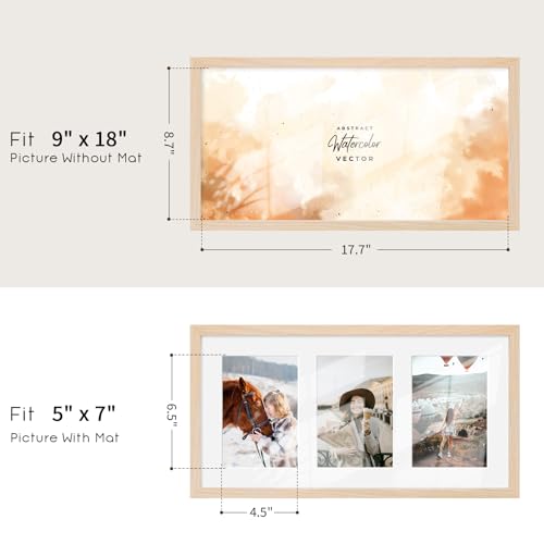 9x18 Oak Wood Picture Frame - 9x18 Photo Frame with Mat Display 3Pcs 5x7 Photos, 5x7 Picture Frame Wood, Natural Solid Wooden Picture Frames for Wall Art Photo and Prints(3 Pack, Beige)