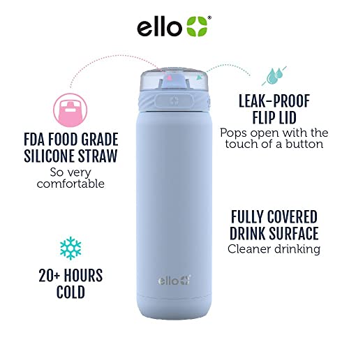 Ello Cooper Vacuum Insulated Stainless Steel Water Bottle With Soft Straw And Carry Loop, Double Walled, Leak Proof, Light Blue, 22Oz #TOP1
