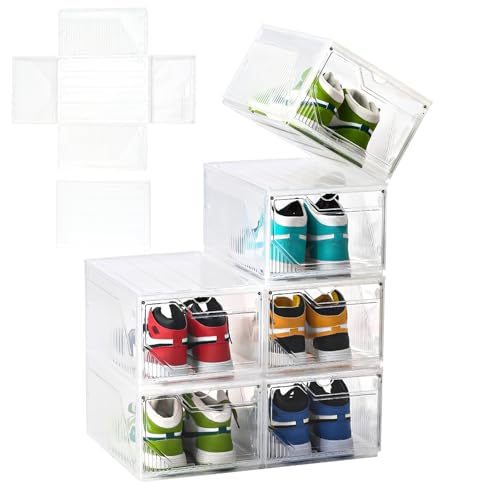 Foldable XX-Large Shoe Organizer,6 Pack Shoe Storage Organizer Easy to Assemble,Shoe Box Clear Plastic Stackable,Drop Front Shoe Box with magnetic Door, Containers For Sneaker,Fit up to US Size 15