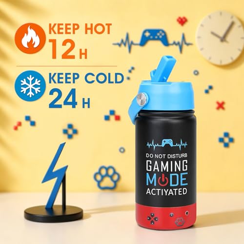 Image of Kids Insulated Water Bottle with Straw Lid, 14oz Double Wall Vacuum Stainless Steel Tumbler, Leak Proof Reusable Metal School Cup for Boys Girls, Keep Cold 24H Hot 12H (Blue-Red-A)
