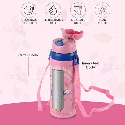 Image of CELLO Kidzbee Autumn 400 Daisy Duck Design Insulated Kids Sipper Water Bottle 400 ml | Food Grade, 3D Touch & Feel Design, BPA Free, Leakproof Easy Press Open Flip Top Cap Insulated Kids Water Bottle