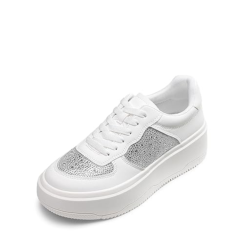 DREAM PAIRS Women Fashion Sneakers Platform Chunky Tennis Walking Lace-Up Comfortable Walking Shoes,SDFN2375W White-Rhinestone Size 7.5