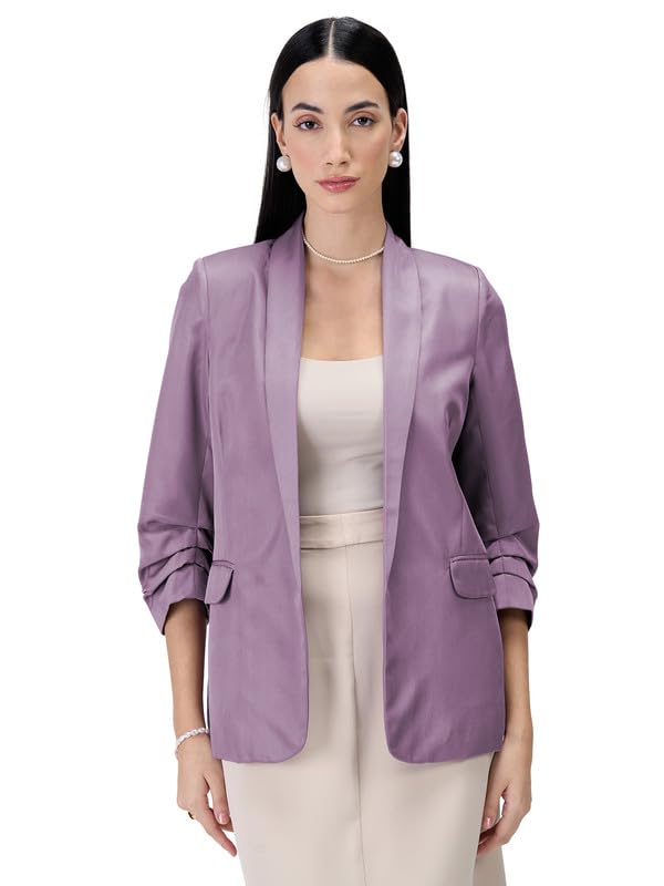Iconic-Mauve Ruched Sleeve Blazer for Women, Viscose-Suiting, Shawl Collar, 3/4th Sleeves, Imported