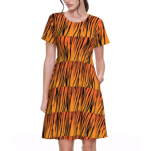 Robe d'ete decontractee manches courtes motif tigre rayures pour femme