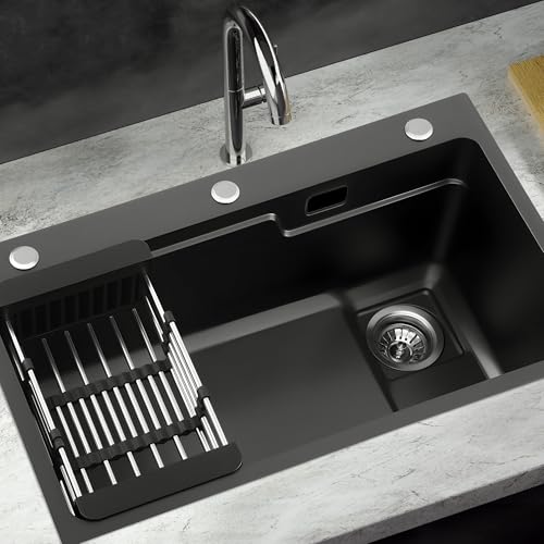 Cefito Kitchen Stainless Steel Sink 75 x 45cm Black Basin Sinks Handmade, Home Laundry, Heavy Duty with Strainer Drain Part Basket Under Top Mount Modern Design