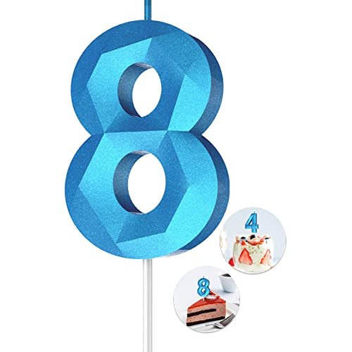 Number Birthday Candles(8 Candle Blue) 3D Diamond Shape Number Happy Birthday Cake Candles for Birthday Party Wedding Decoration Reunions Theme Party