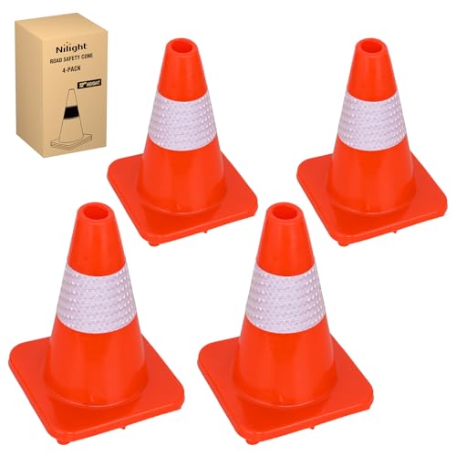 Nilight 12 inch Traffic Safety Cones, 4  Pack Durable PVC Orange Cones with Reflective Collars for Road Safety, Parking, Construction Work, Sports Training