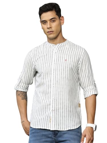 Image of Thomas Scott Men's Slim Fit Cotton Linen Casual Shirt with Mandarin Collar | Vertical Stripes | Three-Quarter Roll-Up Sleeves