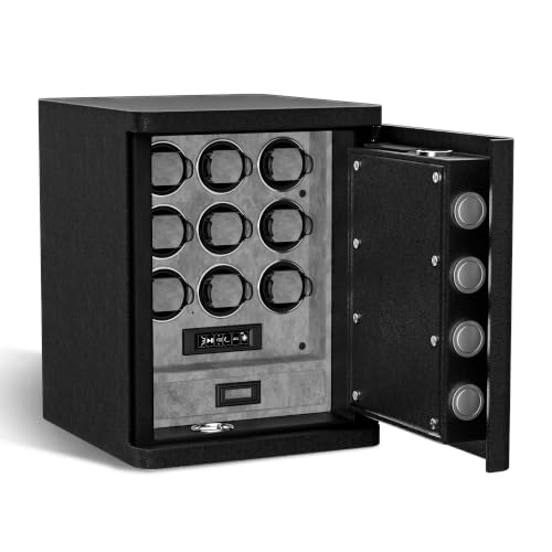 DUKWIN Heavy Duty Automatic Watch Winder Safe with Fingerprint and Digital Lock, Heavy Full-Steel 9 Watch Winding Safe Box with Dual Alarm System,Jewelry Storage and RGB Light for Luxury Watches