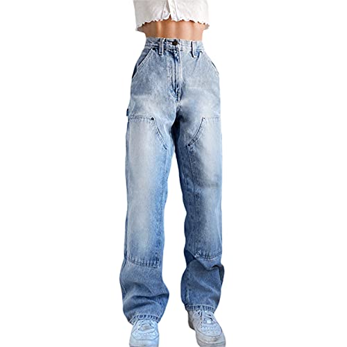 PDYLZWZY Damen Casual Distressed Zerrissene Jeans Hohe Taille Lose Weite Jeanshose Y2k E-Girl 90s Streetwear (z4, S) Cover
