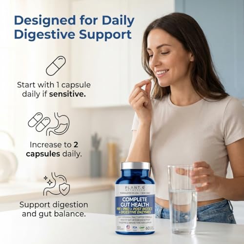 4-in-1 Gut Health Support – Prebiotics + Probiotics + Postbiotics + Digestive Enzymes – DE111 Spore Probiotic for Digestive Support & Bloating – Non-GMO, Made in USA – 60 Veggie Capsules