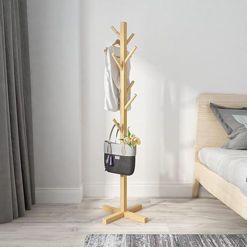 Image of Ash & Roh Natural Wooden Coat Rack Stand With Hooks Adjustable Height, Easy Assembly, Sturdy Solid Base for Coats, Hats, Handbags Entryway, Hallway, Bedroom, Office (Beige, 92-1), 10 x 10 x 24 Cm