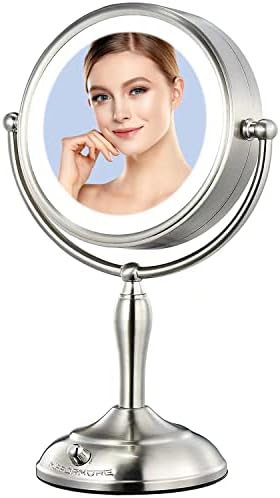 MIRRORMORE 8.5" Large Vanity Mirror with 40 Eye-Care Dimmable LED Lights, 1X/10X Magnifying Lighted Makeup Mirror with 3 Colors, Senior Pearl Nickel 360° Rotation Desk Mirror, 2 Power Saving Supply